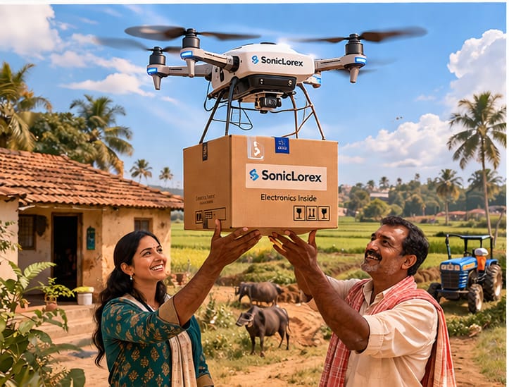 Customer happily receiving Soniclorex package from delivery drone
