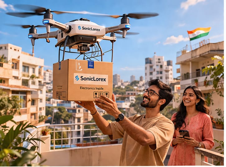 Family celebrating Soniclorex drone package delivery on balcony
