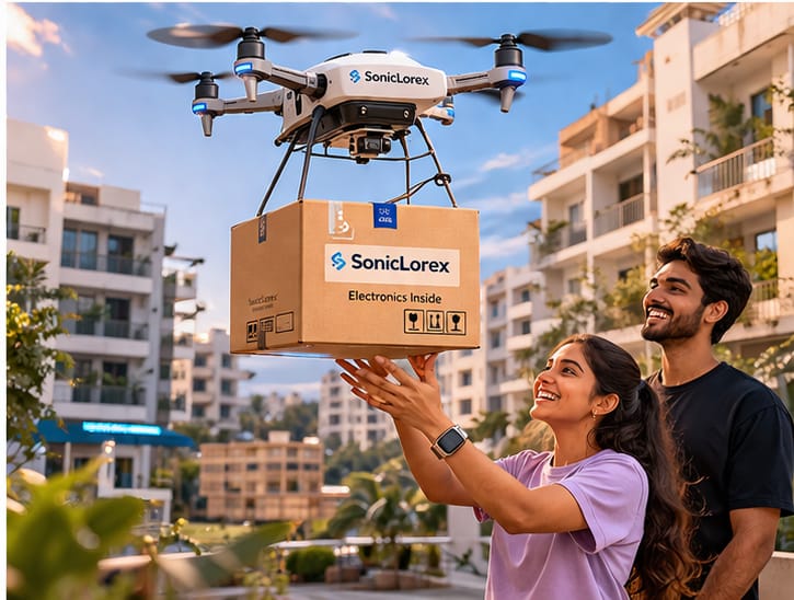 Happy family receiving electronics package delivered by Soniclorex drone