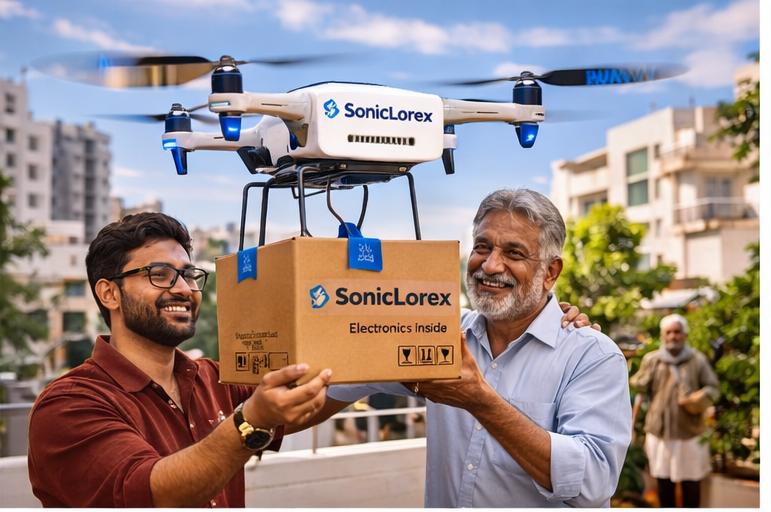 Customers smiling while collecting Soniclorex drone delivery