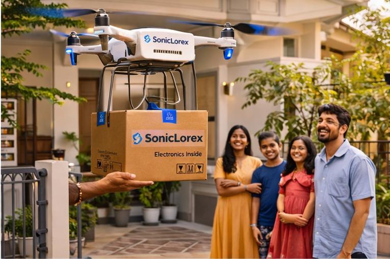 Urban customer receiving package from Soniclorex drone while friend records