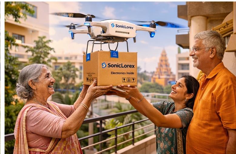 Young couple receiving Soniclorex electronics box from drone