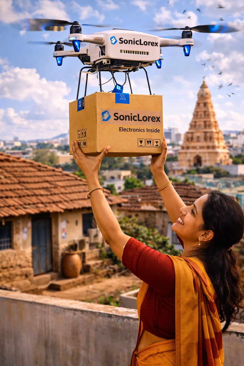 Rural customers receiving Soniclorex drone package with smiles